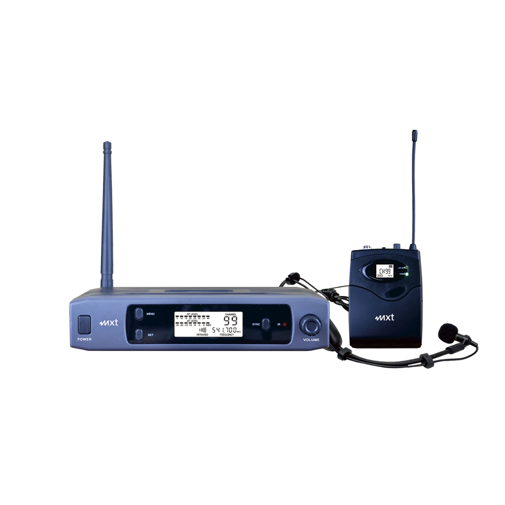 Microfone UHF Sem Fio Headset e Lapela MXT UHF-517BP 100 Canais Display Digital Alcance 100m