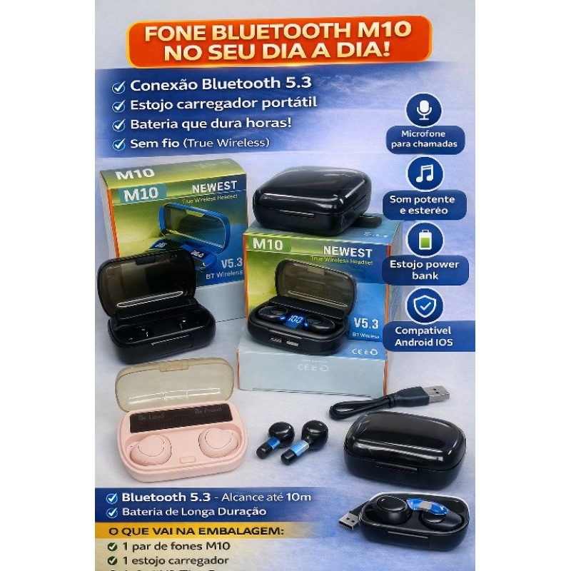 🔊 Fone De Ouvido Bluetooth M10 - Display Digital, Prova d'água - Áudio Premium