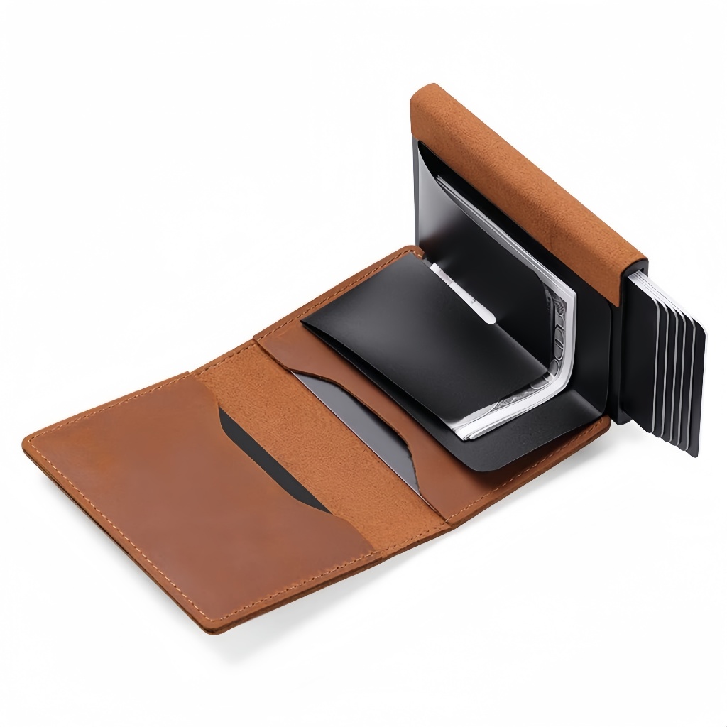 Rfid Mini Slim AlumíNio Auto POP Up Presente De AniversáRio Carteira Para Homens Porta CartãO De Couro PU