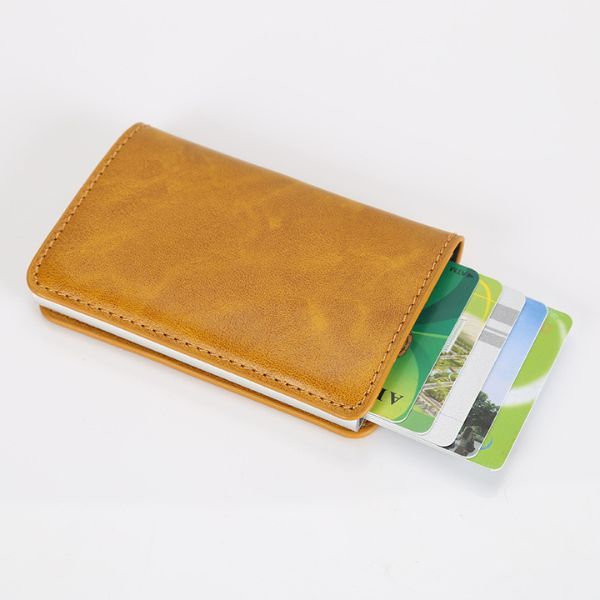 Rfid Mini Slim AlumíNio Auto POP Up Presente De AniversáRio Carteira Para Homens Porta CartãO De Couro PU