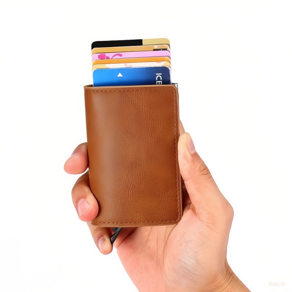 Rfid Mini Slim AlumíNio Auto POP Up Presente De AniversáRio Carteira Para Homens Porta CartãO De Couro PU