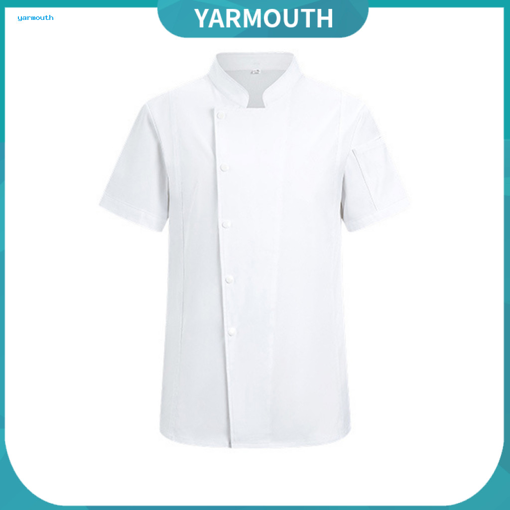 Washable Chef Coat Lightweight Jacket Professional Short Sleeve Stand Collar Workwear Single-breasted Buttons Solid Colo