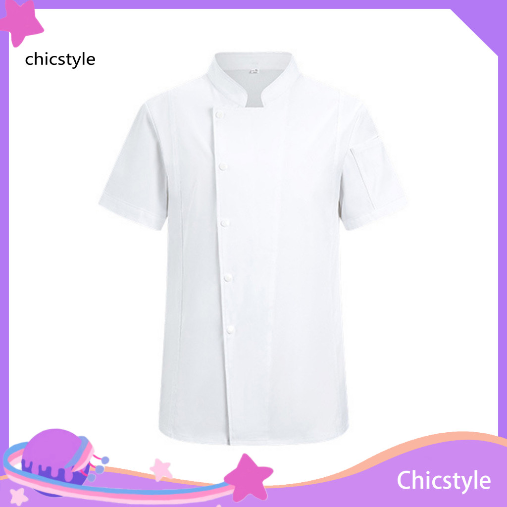 Washable Chef Coat Jacket with Pockets Professional Short Sleeve Stand Collar Workwear Single-breasted Buttons Solid Col