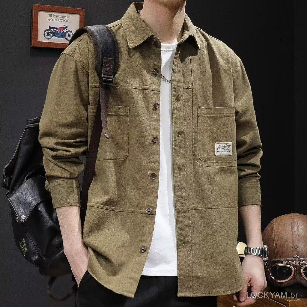 [Professional shirt]Work shirt Japanese-style tops American retro-style men's loose-fitting large-size collared shirt, t