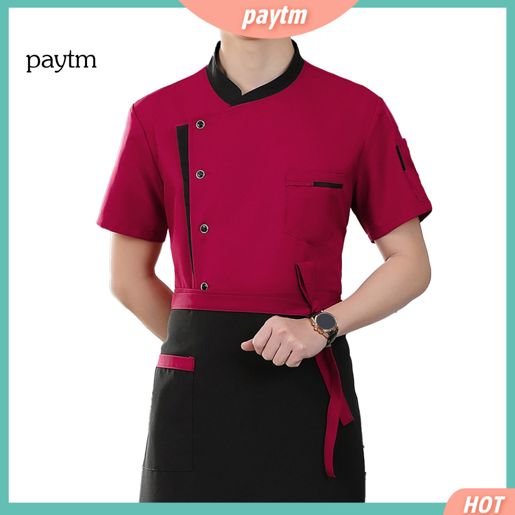 Comfortable Chef Coat Professional Kitchen Clothing Uniform Apron Set with Stand Collar Short Sleeve Breathable Jacket M