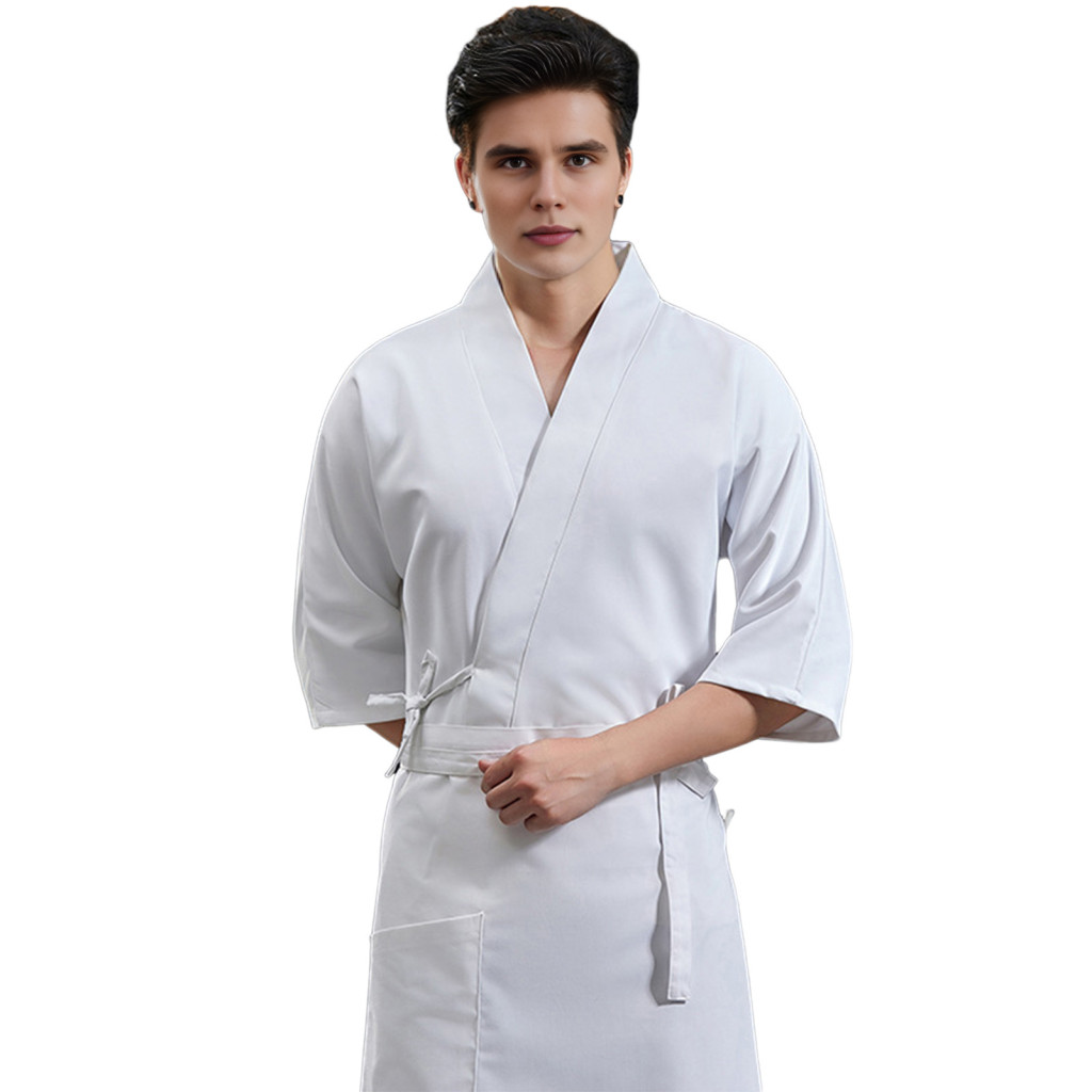 Chef Workwear Professional Clothing Unisex Jacket with Apron Adjustable Waist Strap V-neck Crossover Style Kitchen for C