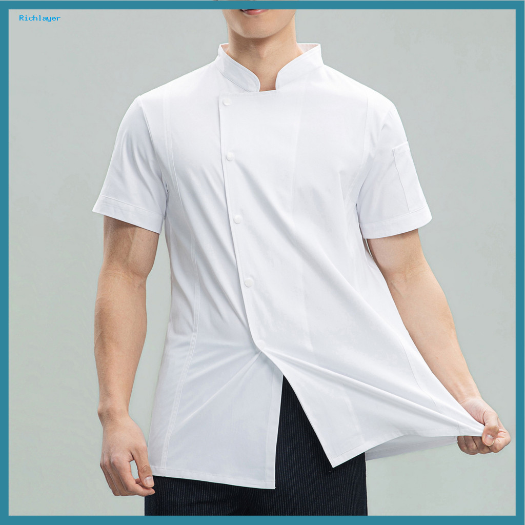 Short Sleeve Chef Shirt Lightweight Jacket Professional Coat Stand Collar Workwear Single-breasted Buttons Solid Color K