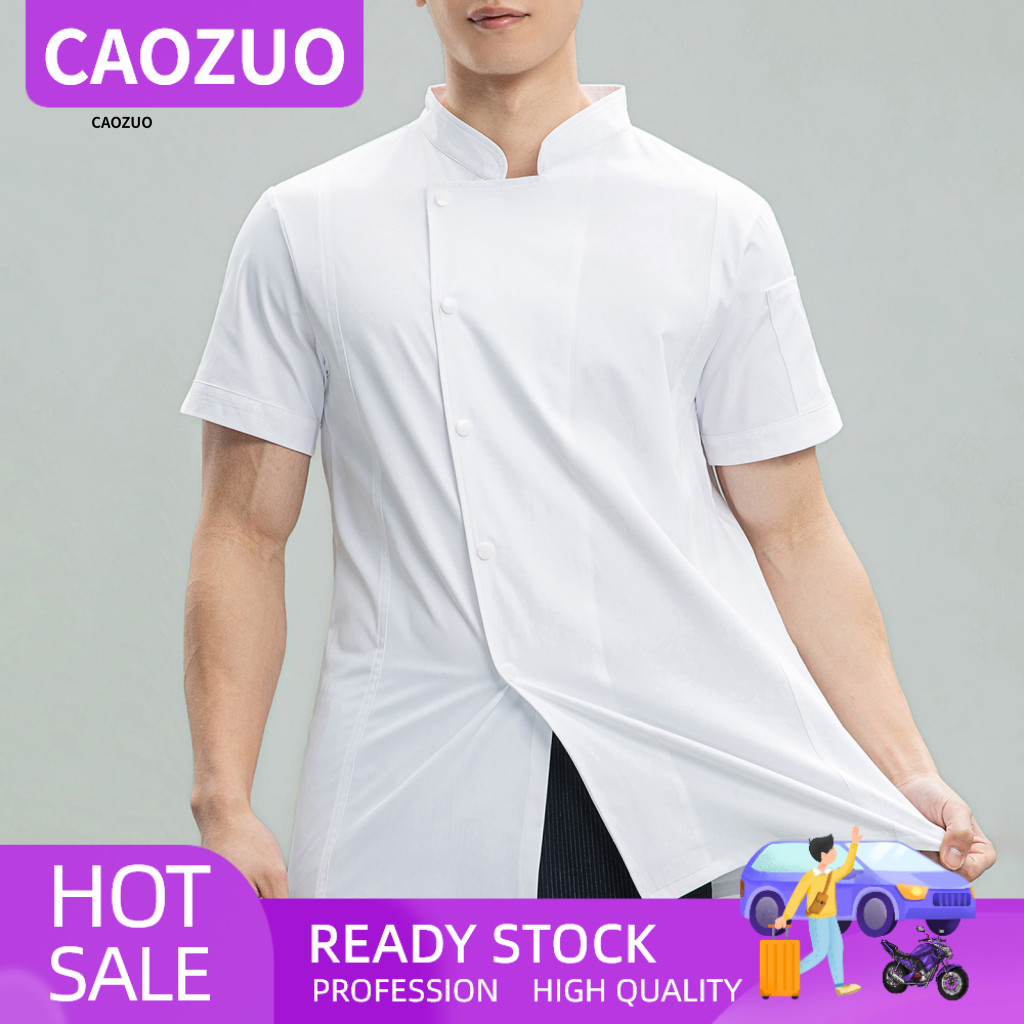 Chef Jacket with Pockets Washable Coat Professional Short Sleeve Stand Collar Workwear Single-breasted Buttons Solid Col