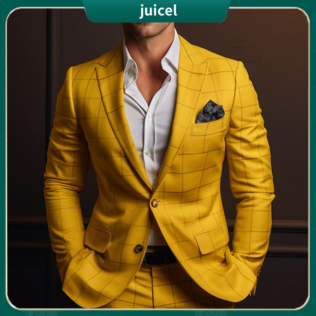Professional Suit Coat Men Slim Fit Jacket Men's Plaid Formal Business Blazer Single Button Closure Long Sleeve Mid-leng