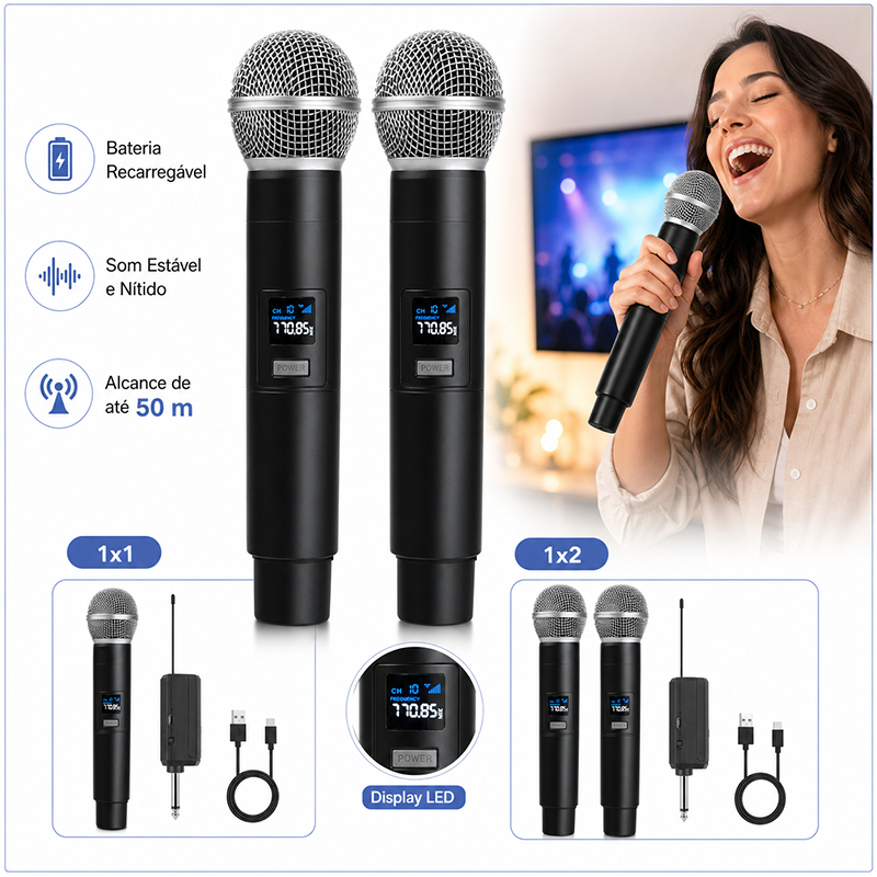 Microfones Sem Fio Duplo Profissional Dinâmico Recarregável Uhf 2 Canais Portátil Microfone Para Karaoke Show Meeting