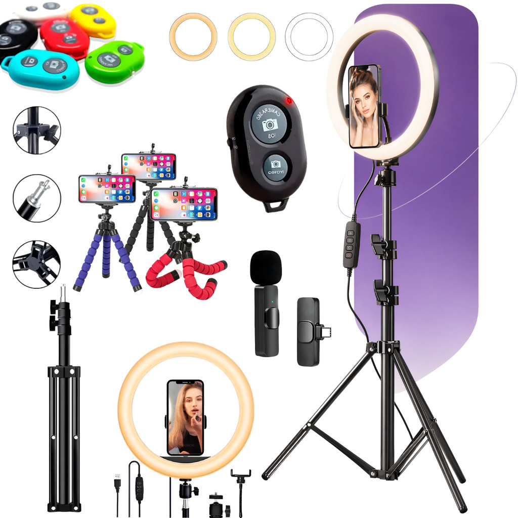 Ring Light Led 10 Polegadas Tripé Microfone Lapela Sem Fio Kit Youtuber Profissional