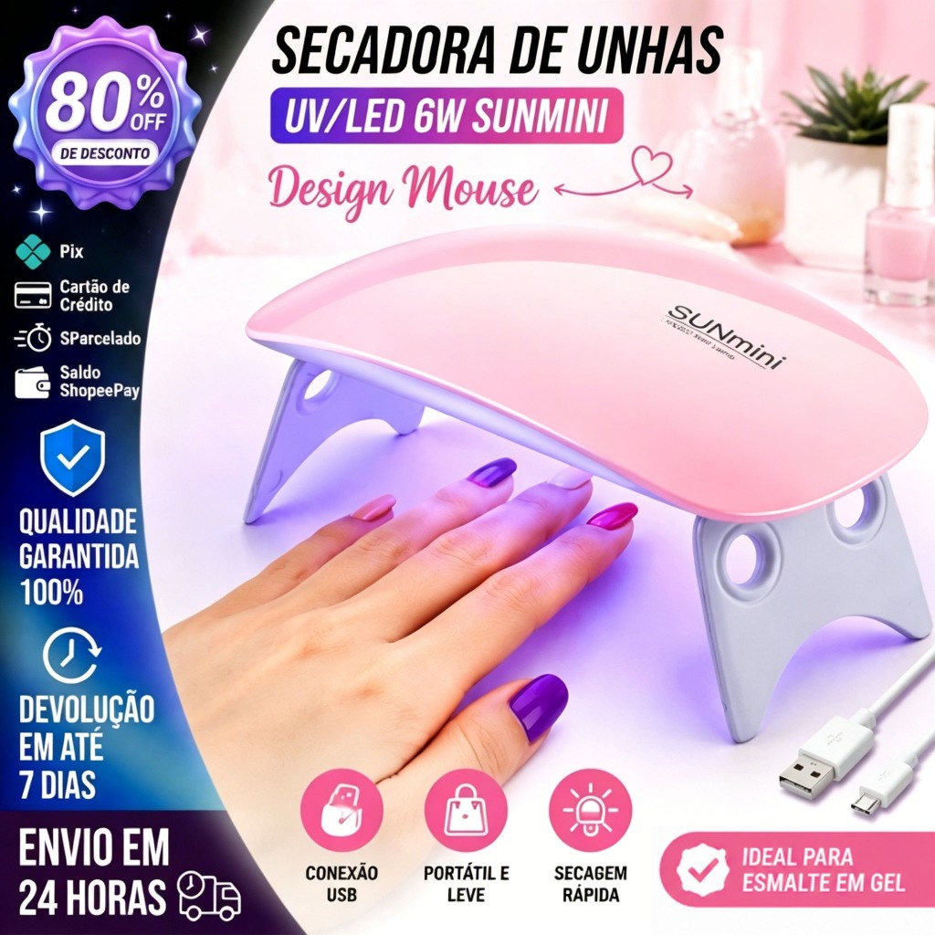 Secadora de Unhas UV/LED 6W Rosa Mini Portátil USB Design Mouse Rápida para Gel