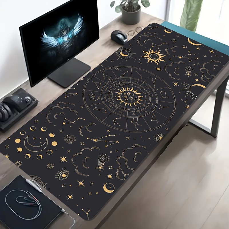 Mouse Pad Gaming Fundo Preto e um Design de Zodíaco com Símbolo de Estrela Dourada