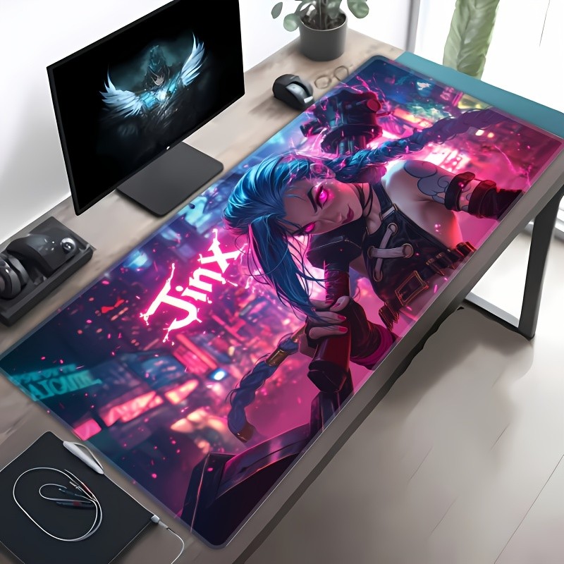 Mouse Pad Grande de Anime Jinx LOL Gaming Luz Neon Personagem de Desenho