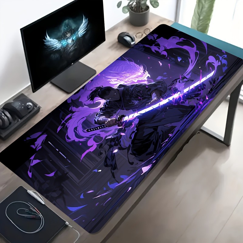 Mouse Pad Gaming Grande com uma Ilustração de um Guerreiro de Chama Roxa e um Dragão