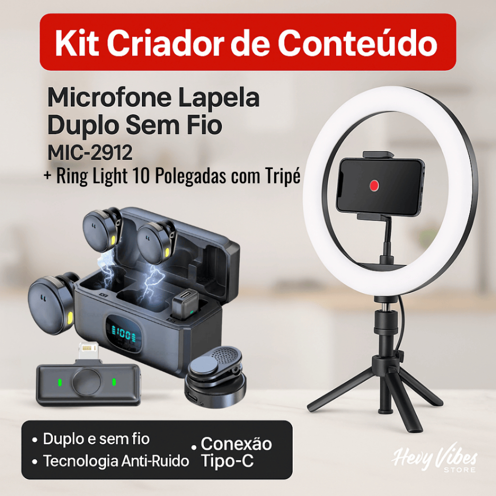 Microfone Lapela Sem Fio Duplo Magnético Ring Light 12 Polegadas com Tripé