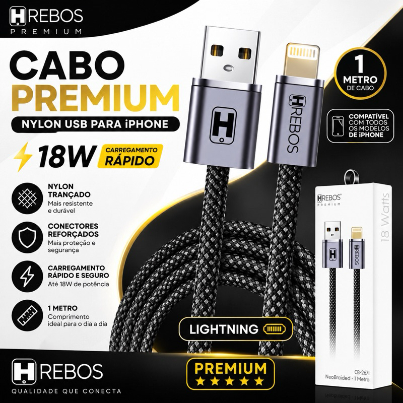 Cabo Lightning iPhone 18W 1M Premium Nylon Trançado Carregamento Rápido e Resistente Hrebos CB-267I