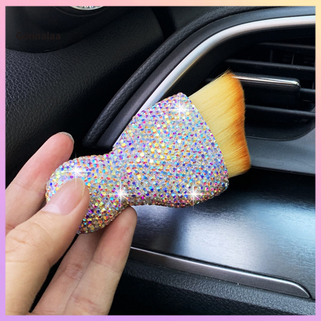 Car Brush with Sparkling Rhinestones Ergonomic Handle Air Conditioner Vent Scrubber Versatile Auto Detailing Tool for Ea