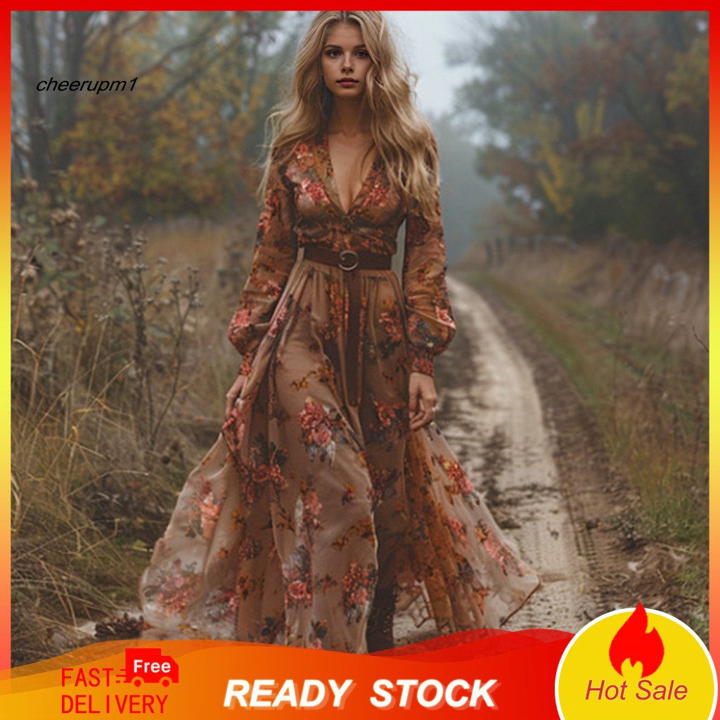 Floral Dress Digital Print Maxi Spring Fall V Neck Pleated A-line Long Sleeve Beach for Party Travel Elegant Southeast A