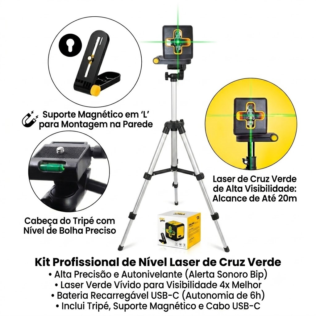 Nível a Laser Profissional Autonivelante 20m Profissional 2 Linhas Recarregável Tipo-C + Tripé e Acessórios