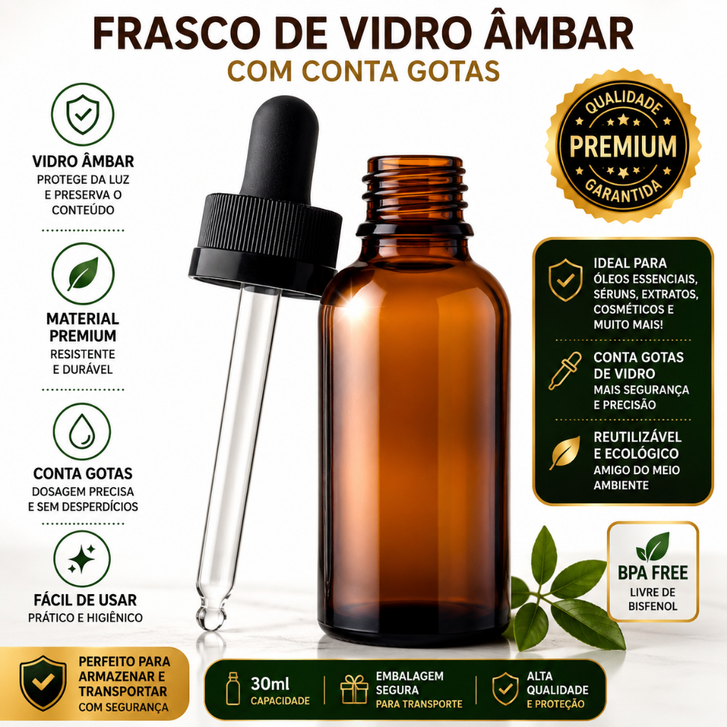 Frasco Vidro Âmbar 50ml Conta Gotas Gotejador Premium Reutilizável Tampa Rosca Alta Vedação Para Óleos Essenciais Cosmét