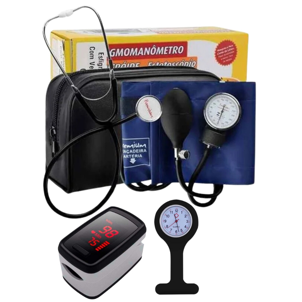 Kit com Oxímetro esfigmomanômetro esteto simple e relógio  Premium