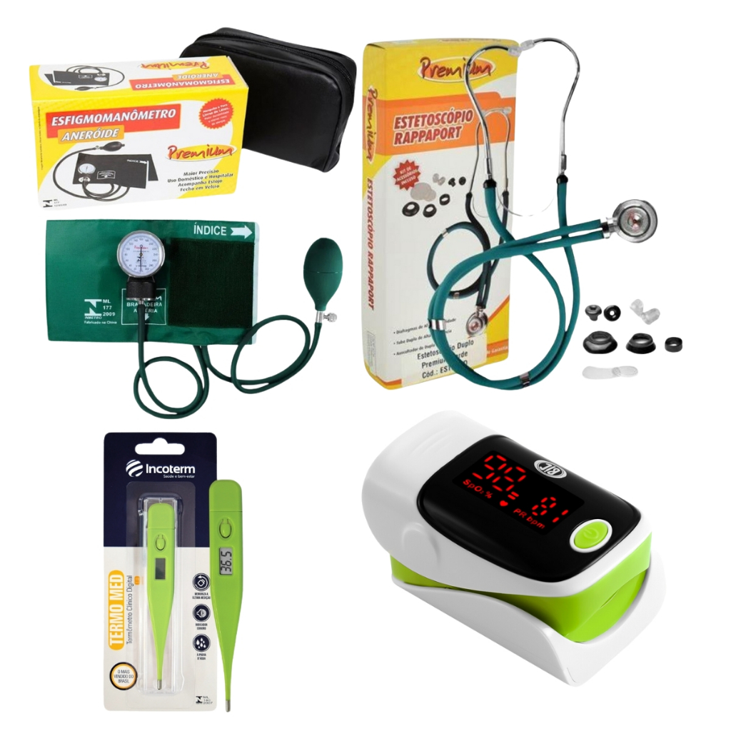 kit com Oxímetro esfigmomanômetro esteto duplo e termômetro Verde Premium