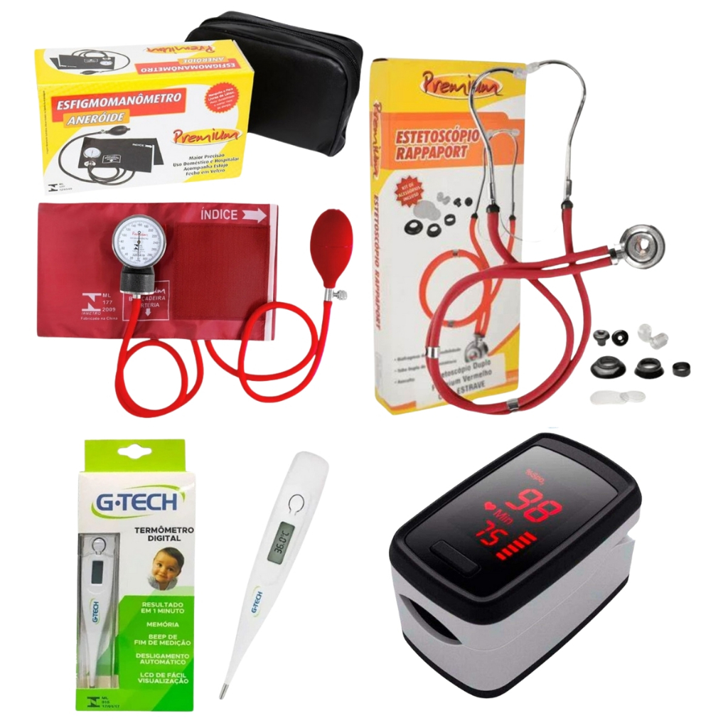 kit com Oxímetro esfigmomanômetro esteto duplo e termômetro Vermelho Premium