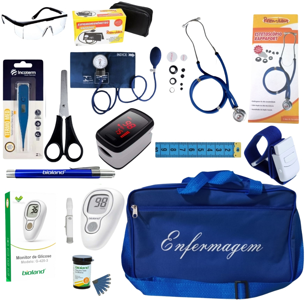 Kit de enfermagem AZUL premium com glicossimetro  esfigmo e oxímetro