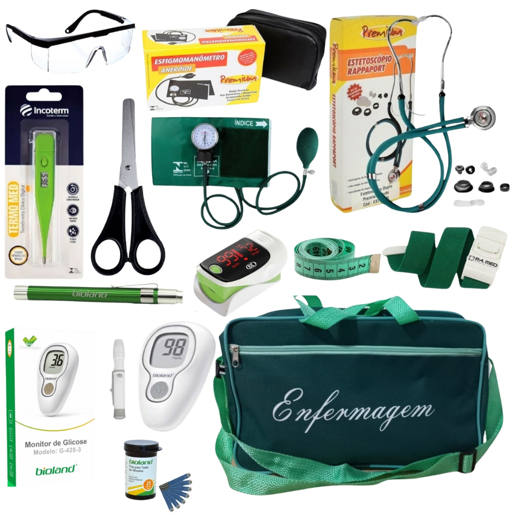 Kit de enfermagem VERDE premium com glicossimetro  esfigmo e oxímetro