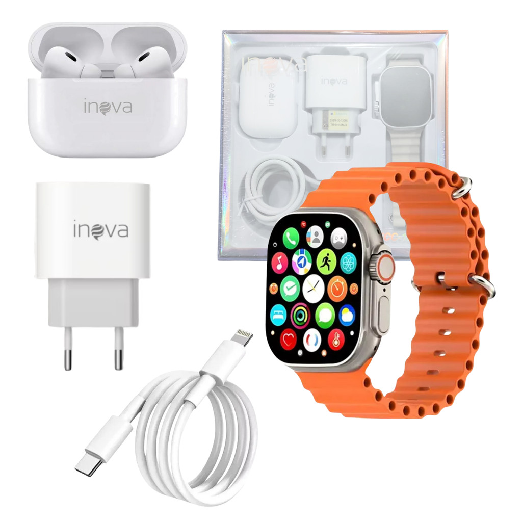 Kit smartwatch 49mm Inova WFFCC 12756 com fone fonte Tipo C e cabo Lightning completo