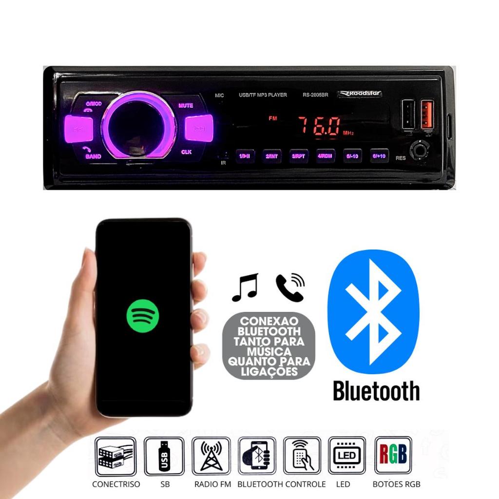 Radio Automotivo Bluetooth Potente Painel Led 7 Cores Aceita Controle Longa Distancia