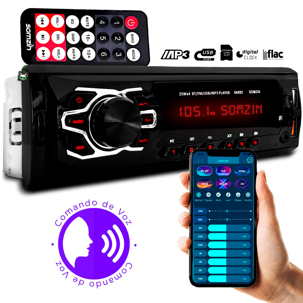 Rádio Automotivo MP3 1 Din Bluetooth 2 USB SD Auxiliar C/ Comando de Voz Universal Somzin