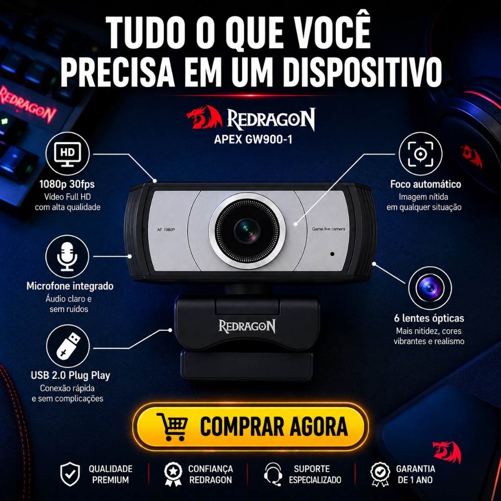 Webcam 1080p Redragon Apex GW900-1 Incrível USB Streaming Premium Cabo 1.8m Luxo Profissional