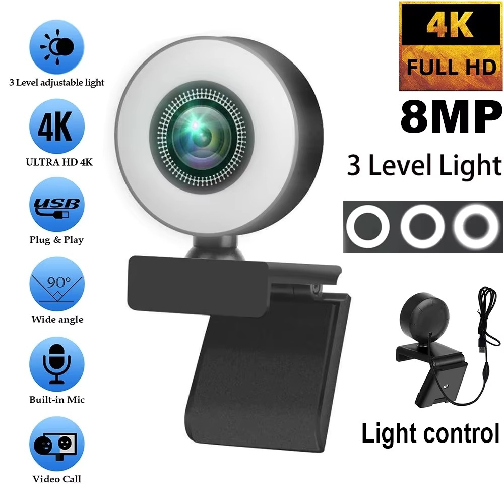 Webcam 1080P Mini Câmera Full HD Com Microfone De Luz De Preenchimento De Anel USB Transmissão Ao Vivo