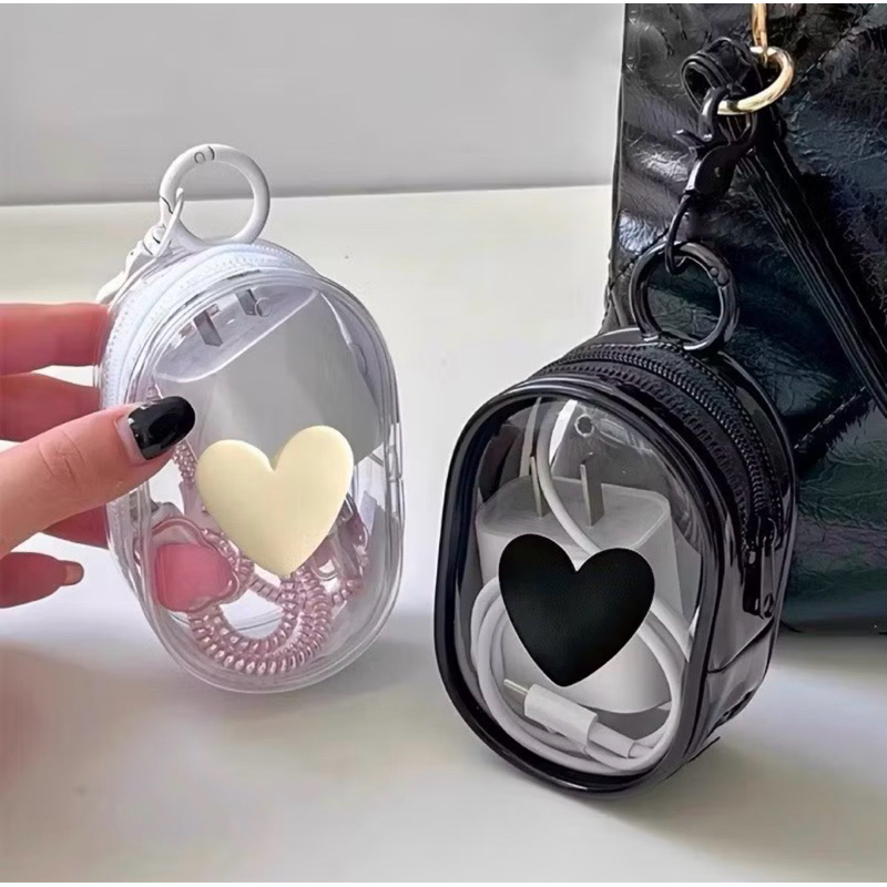 Mini Porta Acessórios Transparente com Coração – Case para Fone, Cabo, Carregador e Miudezas