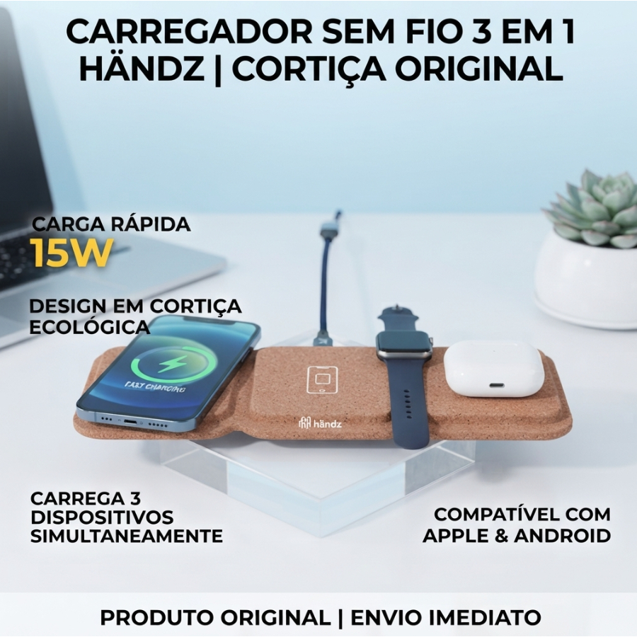 Carregador Sem Fio 3 em 1 Händz Cork Triple Charger