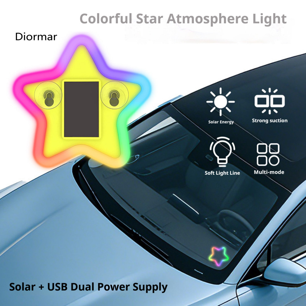 Car Solar Ambient Light Soft Led Star for Triangle Window Wireless Waterproof Atmosphere Lamp with Multi-color Modes Suc