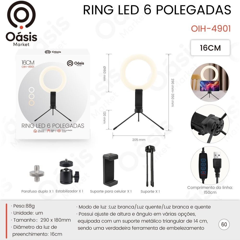 Ring Light 6 Polegadas 16cm LED Para Cílios Maquiagem e Conteúdo Digital-OIH-4901