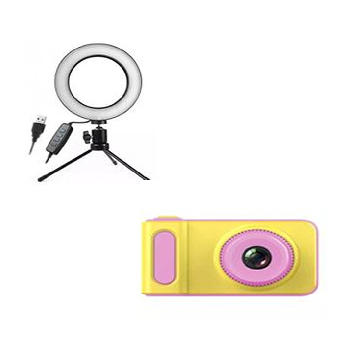 Kit Mini Blogueira Iluminador Ring Light 16cm Usb Led E Mini Câmera Digital Infantil Rosa