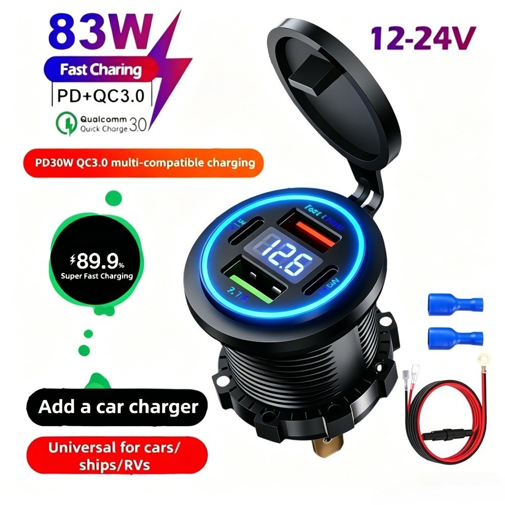 Tomada De Carregador De Carro À Prova D'água De 4 Portas Com Ring Light Anel De Luz LED Voltímetro Digital Dual PD E QC3