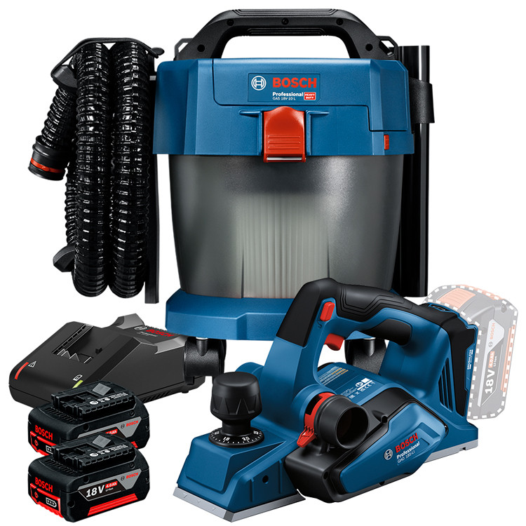 Kit Aspirador de Pó GAS 18V-10L Premium  Plaina GHO 185-LI  2 Baterias GBA 18V 4Ah e Carregador Bivolt GAL 18V-40