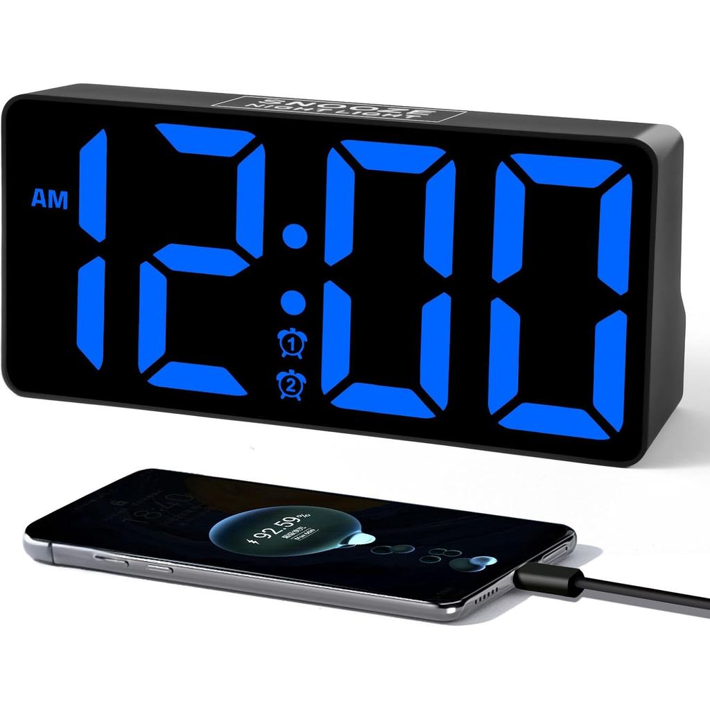 PPLEE Alarm Clock for Bedroom with Night Light & Bold Digits-7 in Digital Clock with Dual Alarms & USB Charger Ports,Bat