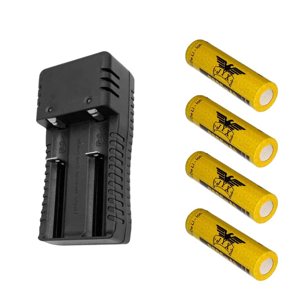 Kit 1 Carregador De Bateria Bivolt Preto 18650 E 4 Baterias De Alta Qualidade Linha Premium