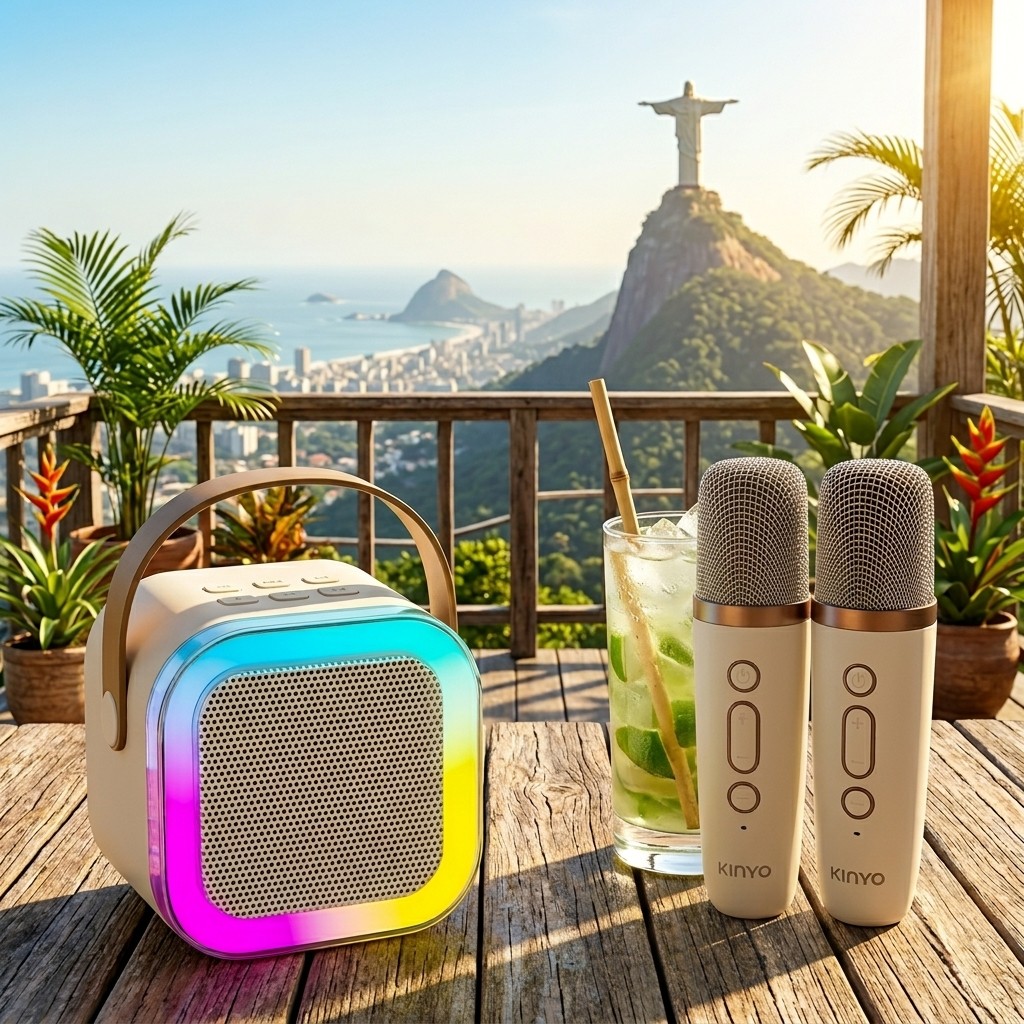 Mini Caixa De Som Bluetooth Karaoke Com 2 Microfones Sem Fio K12 RGB Premium