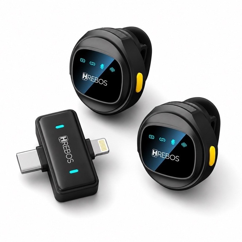 Microfone Lapela Duplo Tipo C e Lightning Redução de Ruído até 25 Metros Bateria de Longa duracao Hrebos Premium