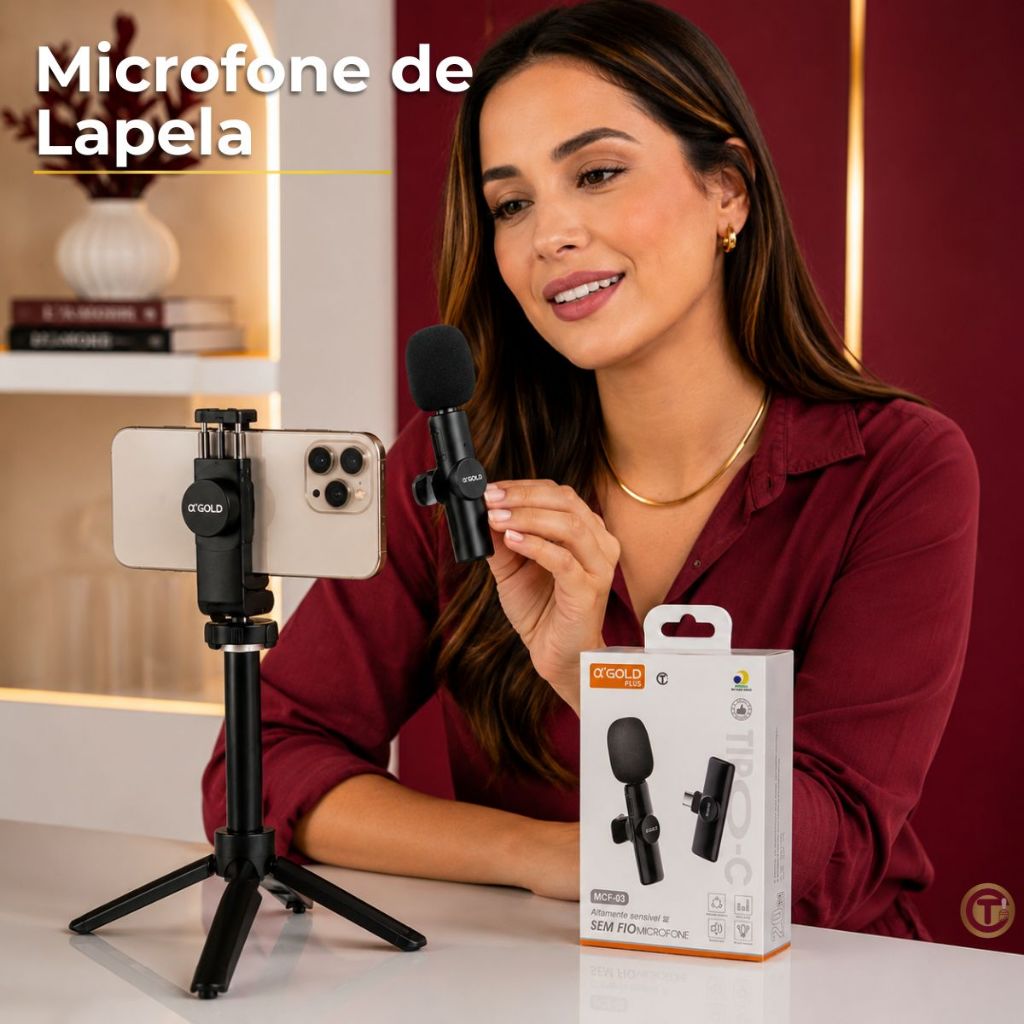 Microfone de Lapela S/Fio GOLD Redução de Ruído PREMIUM Compatível c/Android iPhone 15 iPhone 16 T-C