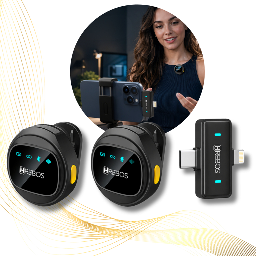 Microfone Duplo Lapela Redondo Sem Fio Anti Ruido Para Iphone lightning, USB-C e Android Plug And Play Magnético Premium