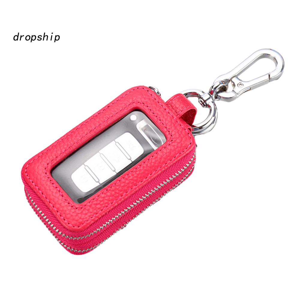 Portable Key Bag Faux Leather Car Case with Window Metal Hook Keyring Zipper Pouch for Remote Fob Protection – Durable