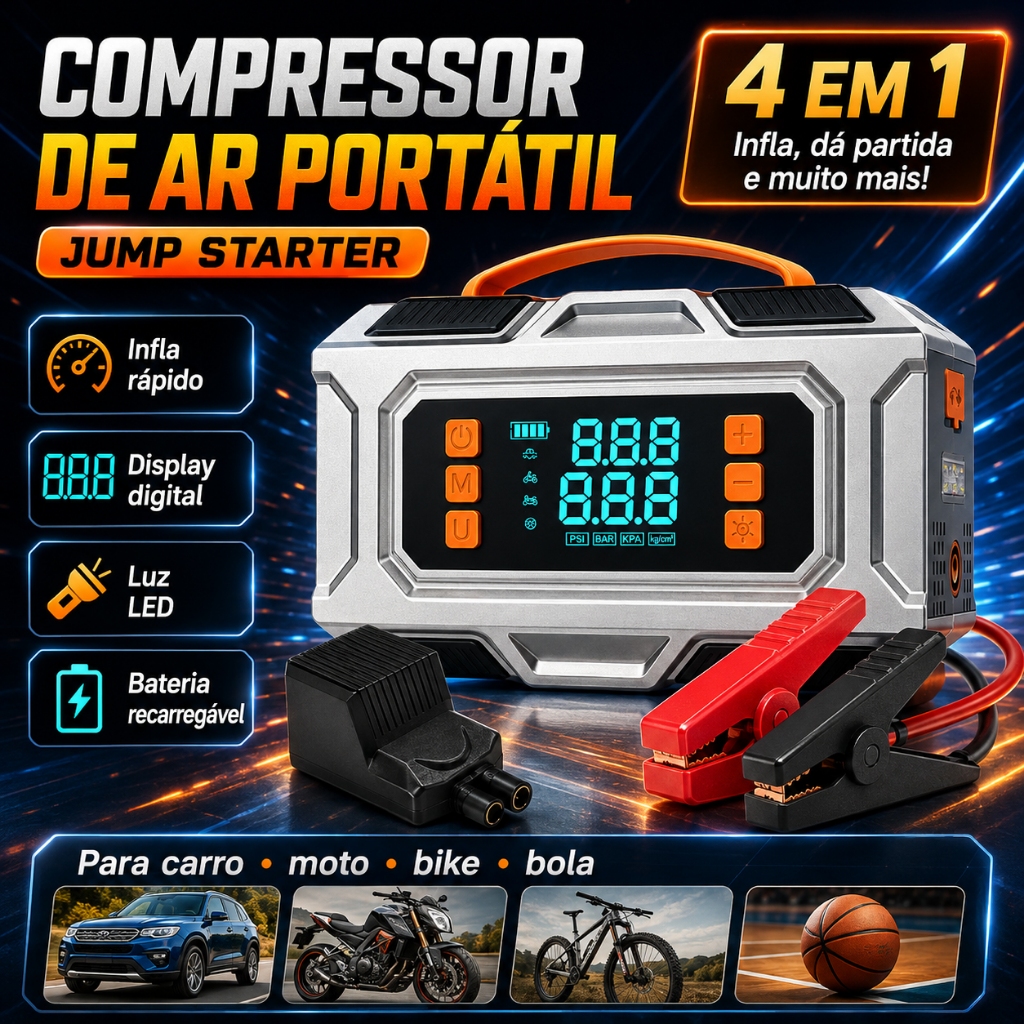 4-in-1 Jump Starter and Portable Compressor 8000mAh 150PSI, Car Battery Charger, SOS LED Flashlight